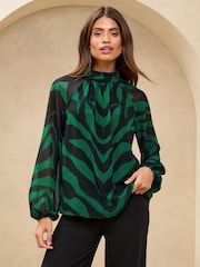 Lipsy Green Print High Neck Blouson Blouse - Image 3 of 4