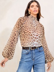 Lipsy Animal Print High Neck Blouson Blouse - Image 1 of 4