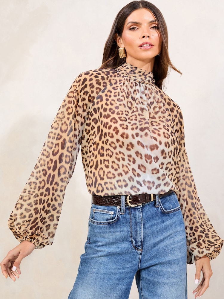 Lipsy Animal Print High Neck Blouson Blouse - Image 1 of 4