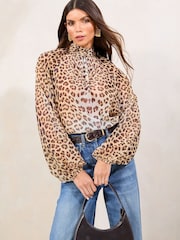 Lipsy Animal Print High Neck Blouson Blouse - Image 3 of 4