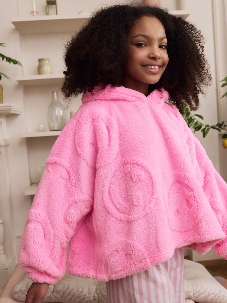 Pink Happy Face Jacquard Fleece Cropped Hooded Blanket (3-16yrs) - Image 1 of 9