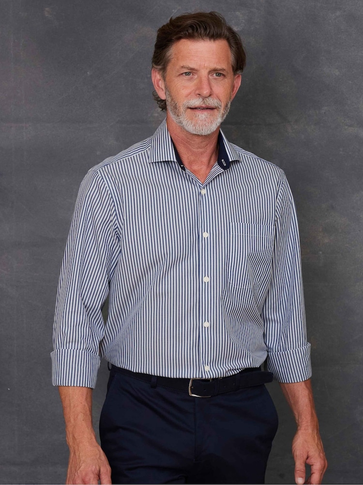 The Savile Row Company Blue 100% Cotton Stripe Classic Fit Smart Casual Shirt - Image 1 of 7