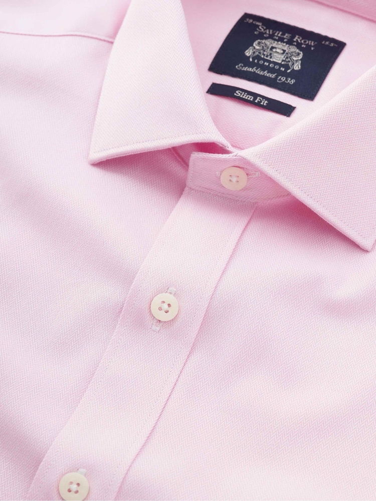 Розовый - The Savile Row Company Slim Fit 100% Cotton Herringbone Formal Shirt - Image 5 of 5