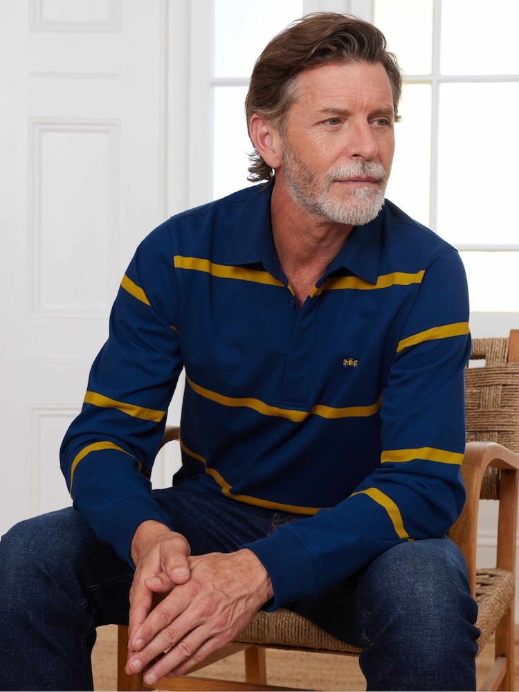 Savile Row Company Blue Navy Gold Stripe Heavyweight 100% Cotton Jersey Rugby Shirt - Image 1 of 4 Savile Row Company Blue Navy Gold Stripe Heavyweight 100% Cotton Jersey Rugby Shirt - Image 1 of 4