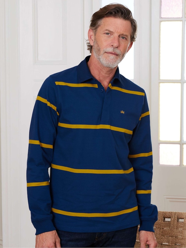The Savile Row Company Blue Navy Gold Stripe Heavyweight 100% Cotton Jersey Rugby Shirt - Изображение 2 из 4