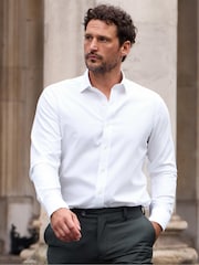 Белый - The Savile Row Company Slim Fit 100% Cotton Herringbone Formal Shirt - Image 3 of 7