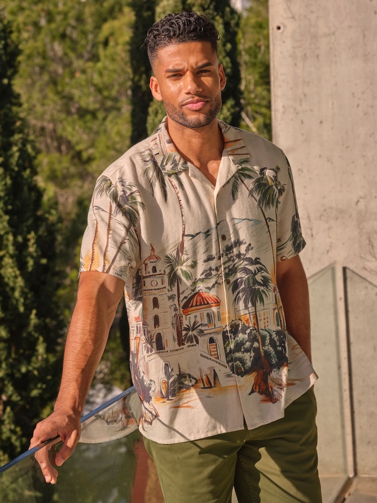 FatFace Light Natural Short Sleeve Scene Print Shirt - Image 1 of 7