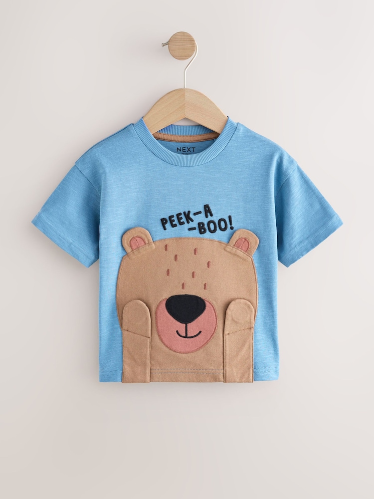 Blue Peekaboo Bear Print Short Sleeve Interactive Appliqué T-Shirt (3mths-7yrs) - Image 1 of 5 Blue Peekaboo Bear Print Short Sleeve Interactive Appliqué T-Shirt (3mths-7yrs) - Image 1 of 5