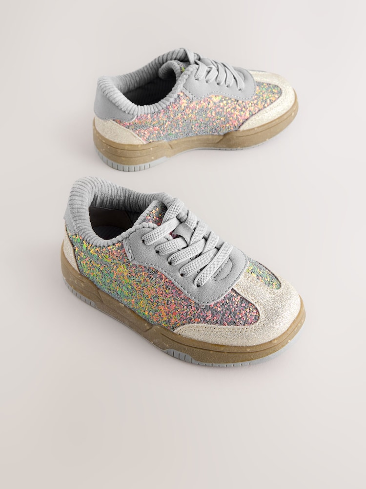 Blue Glitter Lace Up Retro Trainers - Image 1 of 5