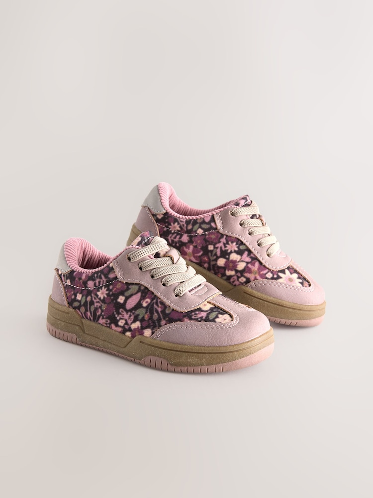 Pink Floral Lace Up Retro Trainers - Image 1 of 5