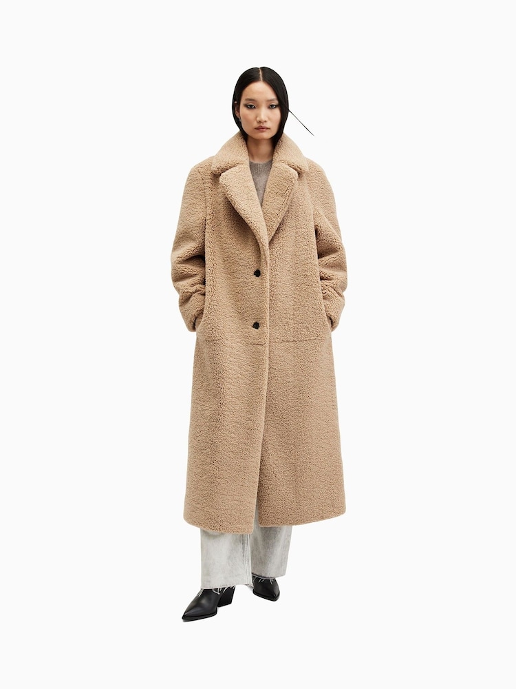 AllSaints Brown Freddie Faux Fur Coat - Image 3 of 9