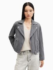 AllSaints Grey Suede Dalby Biker Jacket - Image 1 of 7