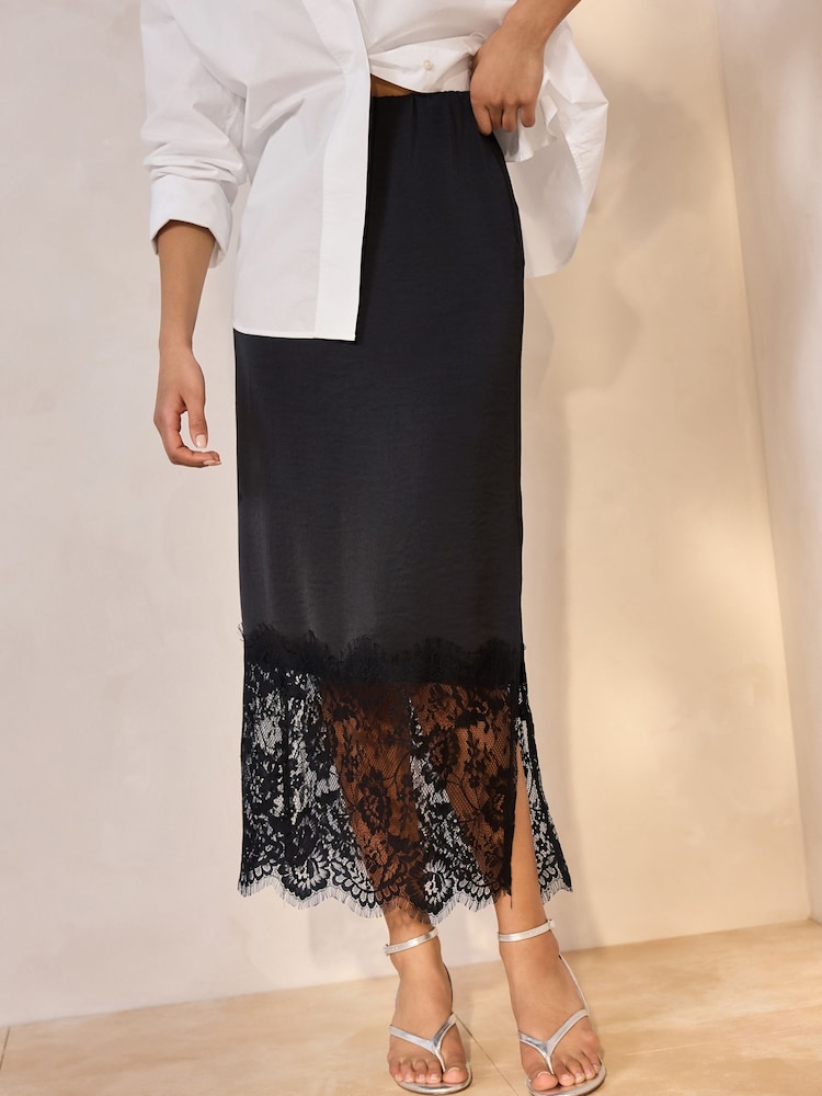 Noir - Jupe mi-longue en satin avec bordure en dentelle - Image 3 of 8