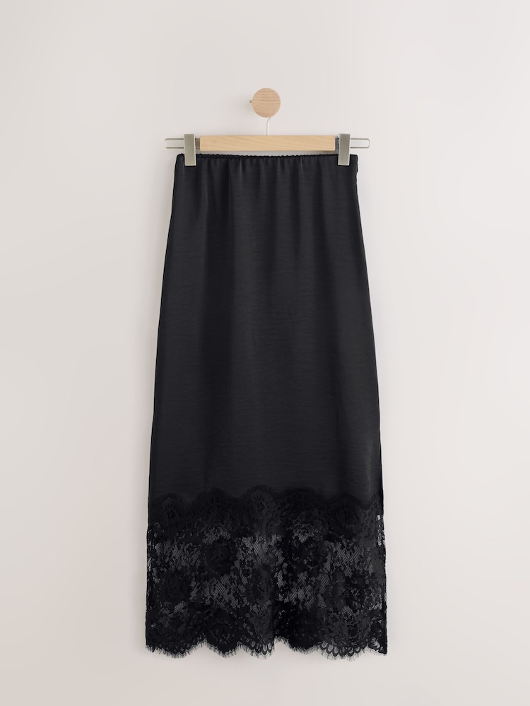 Noir - Jupe mi-longue en satin avec bordure en dentelle - Image 6 of 8