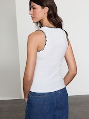 White/Black Contast Knit Trim Scoop Neck Sleeveless Tank Vest Top - Image 2 of 5