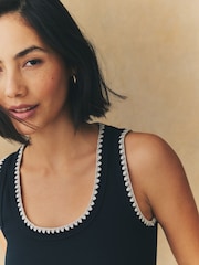 Black/White Contast Knit Trim Scoop Neck Sleeveless Tank Vest Top - Image 5 of 8