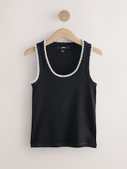 Black/White Contast Knit Trim Scoop Neck Sleeveless Tank Vest Top - Image 6 of 8