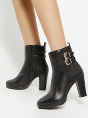 Dune London Black Oreanix Double Buckle Block Heel Boots - Image 1 of 6