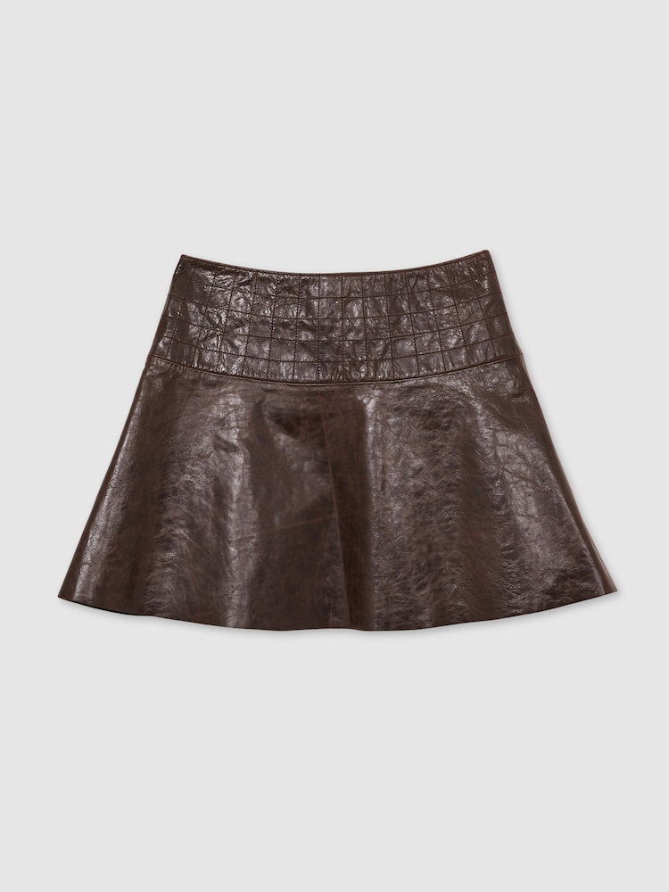 Reiss Chocolate Charlie Leather Flared Mini Skirt - Image 2 of 6 Reiss Chocolate Charlie Leather Flared Mini Skirt - Image 2 of 6