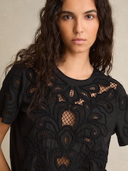 Reiss Black Iyla Floral Cut-Out Embroidery Top - Image 1 of 6