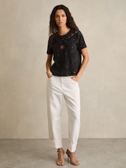Reiss Black Iyla Floral Cut-Out Embroidery Top - Image 3 of 6