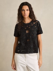 Reiss Black Iyla Floral Cut-Out Embroidery Top - Image 4 of 6
