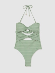 Reiss Green/White Nelly Chequered Print Cut Out Swimsuit - Image 2 of 5