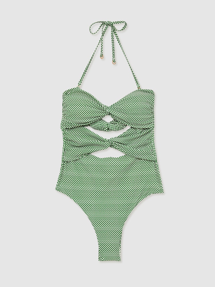 Reiss Green/White Nelly Chequered Print Cut Out Swimsuit - Image 2 of 5