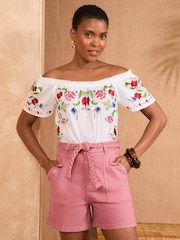 Love & Roses Rose Pink Plait Belted Denim Shorts - Image 3 of 4