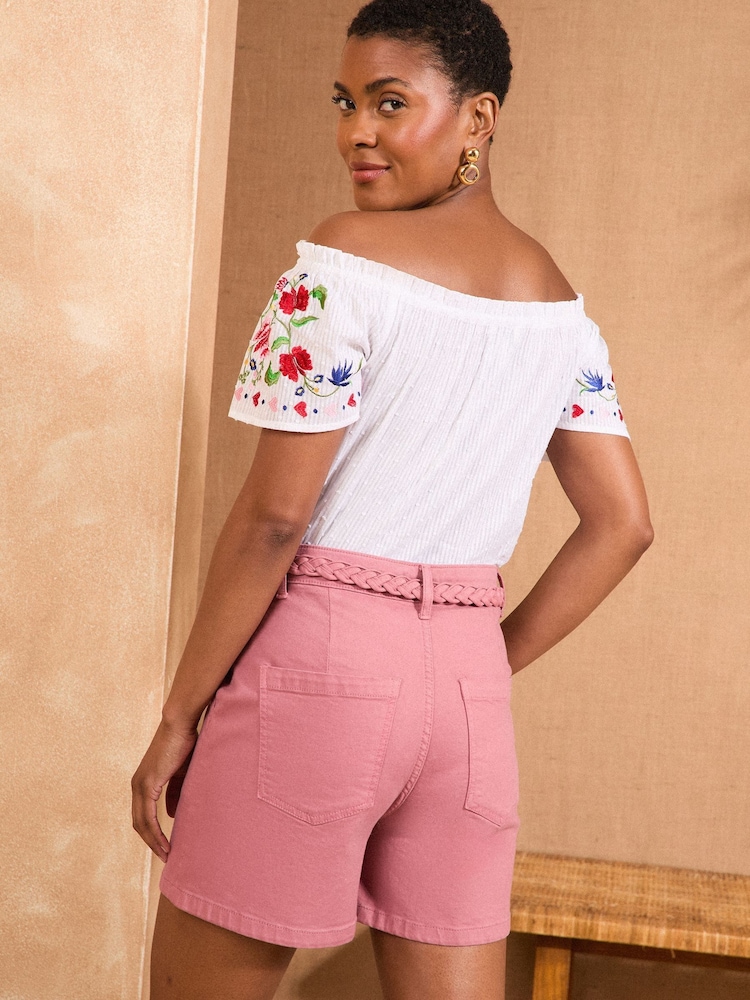 Love & Roses Rose Pink Plait Belted Denim Shorts - Image 4 of 4