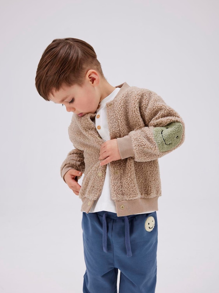 Name It Brown Teddy Borg Bomber Jacket With Smiley Face - Image 1 of 5