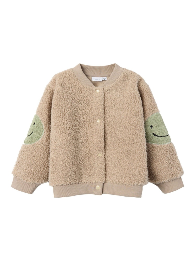 Name It Brown Teddy Borg Bomber Jacket With Smiley Face - Image 3 of 5