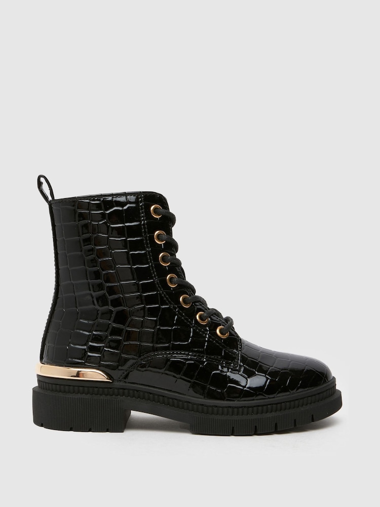 Schuh Cindy Patent Croc Effect Black Boots - Image 1 of 4