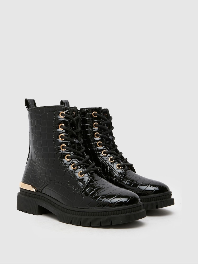 Schuh Cindy Patent Croc Effect Black Boots - Image 2 of 4