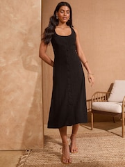 Negro - Love & Roses Love & Roses Tailored Button Through Midi Dress With Linen - Imagen 3 de 4