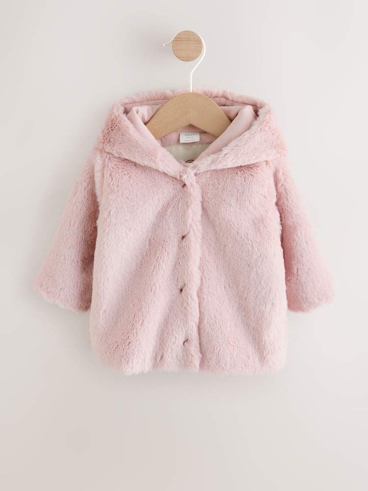 Pink Faux Fur Hooded Baby Jacket (0mths-2yrs) - Image 1 of 11 Pink Faux Fur Hooded Baby Jacket (0mths-2yrs) - Image 1 of 11