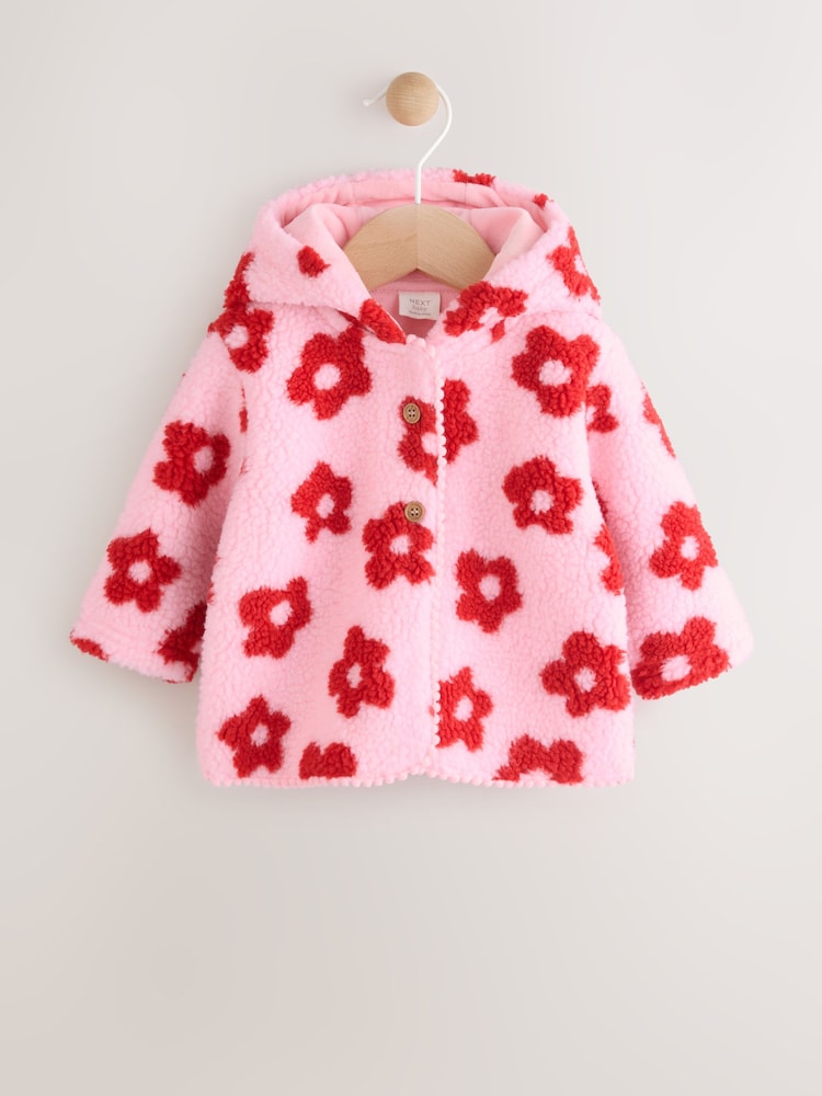 Pink Floral All Over Print Borg Hooded Baby Jacket (0mths-2yrs) - Image 1 of 7