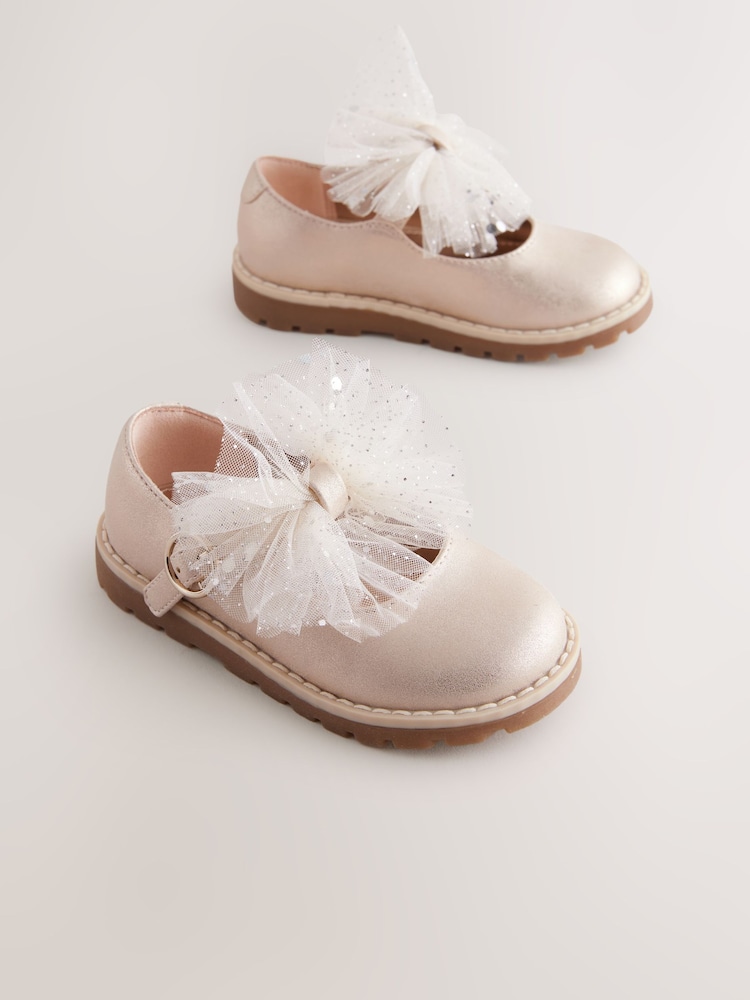 Champagne Gold Wide Fit (G) Chunky Bow Mary Jane Shoes - Image 1 of 5