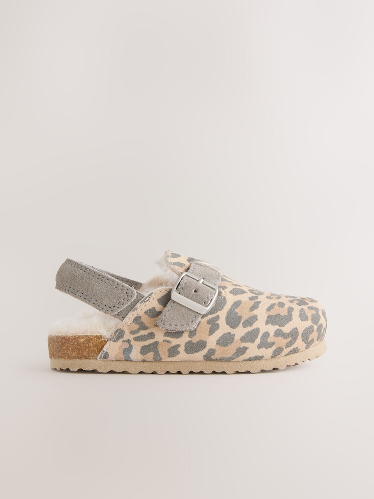 Tan Animal Leather Faux Fur Lined Clog Shoes - Image 2 of 5