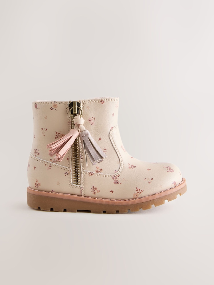 Neutral Floral Standard Fit (F) Chelsea Zip Tassel Ankle Boots - Image 2 of 5