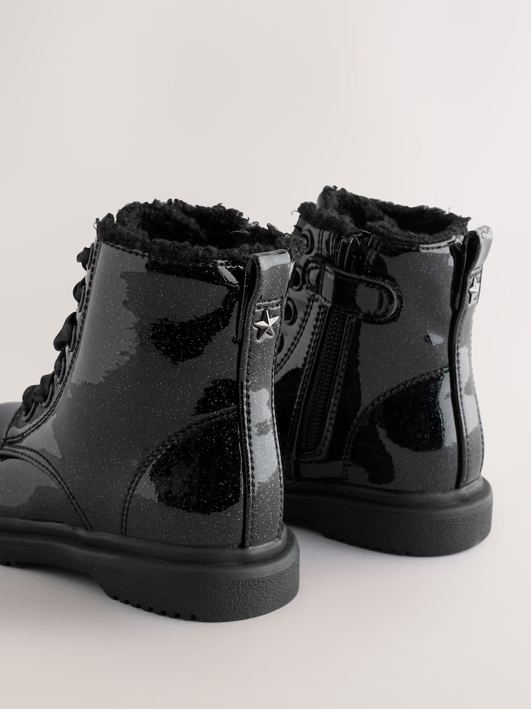 Buy Black Patent Sparkle Standard Fit (F) Lace-Up Ankle Boots from