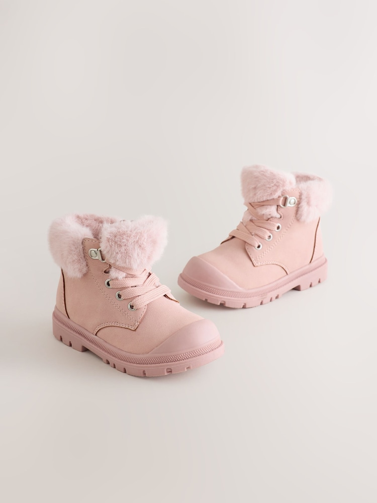 Pink Lace Up Faux Fur Lined Boots - Image 1 of 6