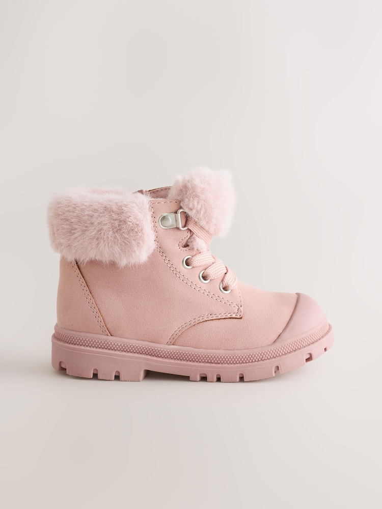 Pink Lace Up Faux Fur Lined Boots - Image 2 of 6
