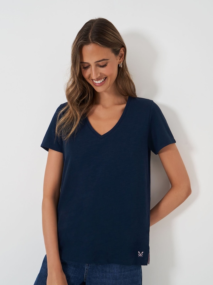 Crew Clothing Company Blue Perfect V-Neck Slub 100% Cotton T-Shirt - Image 1 of 5