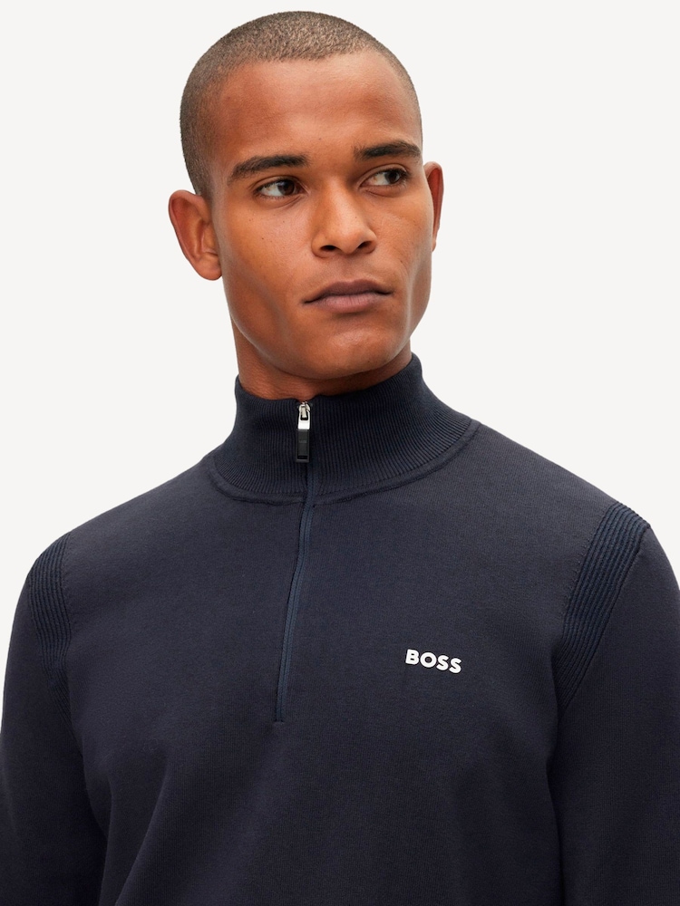 BOSS Dark Blue Logo Cotton Blend Jumper - Image 4 of 5