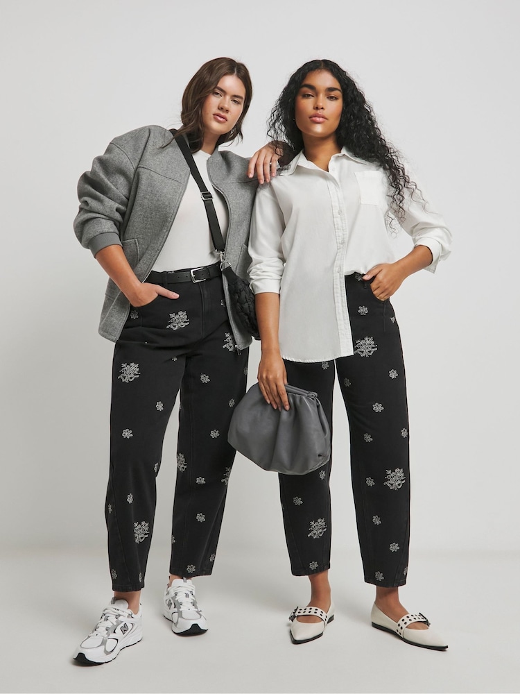 Simply Be Black Black Embroidered Barrel Jeans - Image 1 of 4