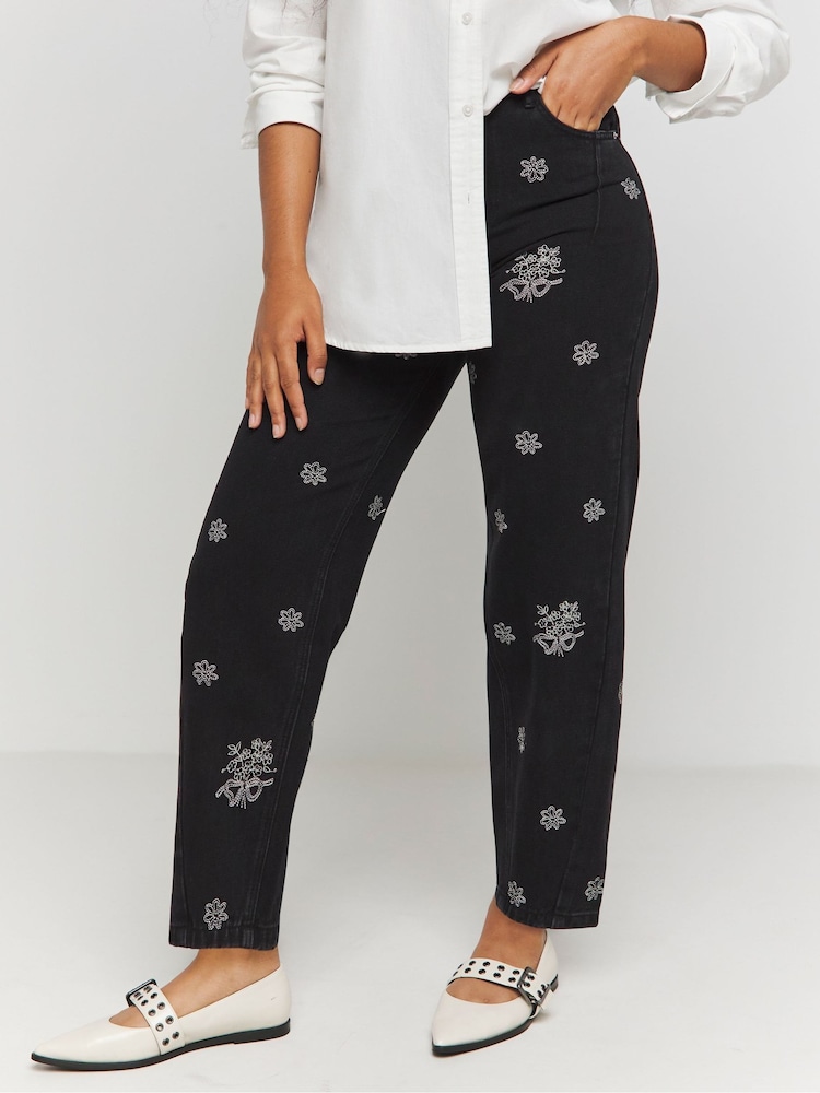 Simply Be Black Black Embroidered Barrel Jeans - Image 2 of 4