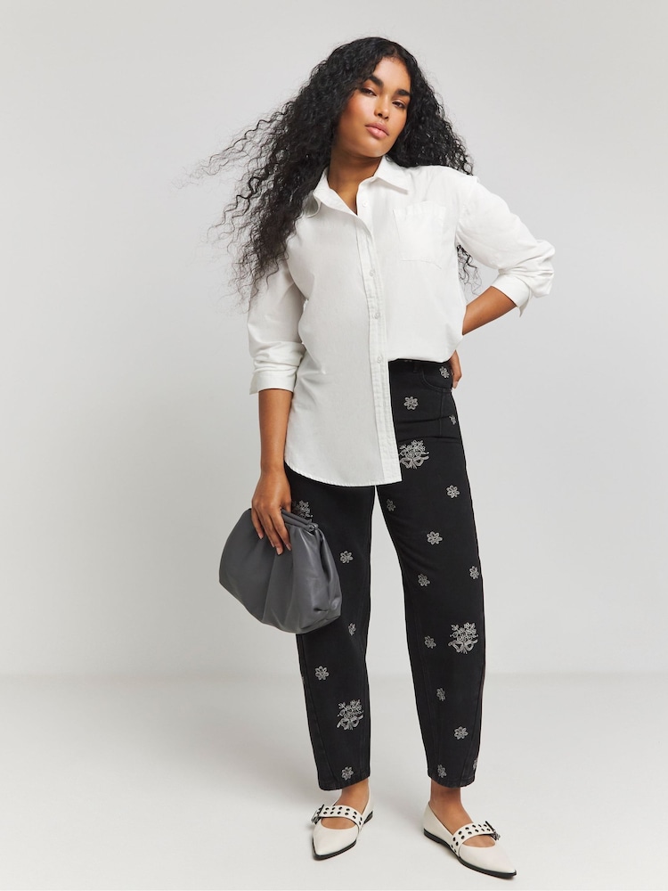 Simply Be Black Black Embroidered Barrel Jeans - Image 4 of 4