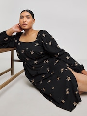 Simply Be Black 100% Cotton Embroidered Viscose Star Dress - Image 1 of 4