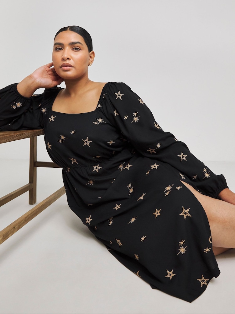 Simply Be Black 100% Cotton Embroidered Viscose Star Dress - Image 1 of 4